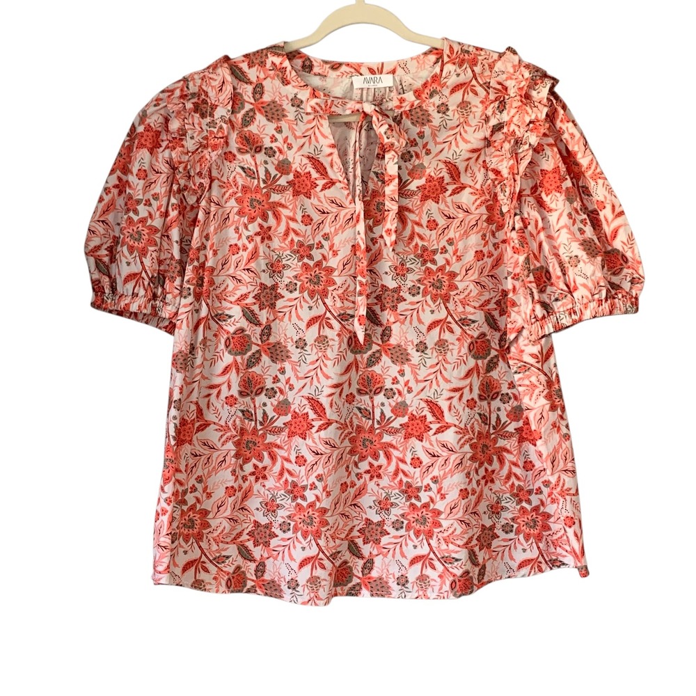 AVARA Floral Print Ruffle Neck Tie Blouse Puff Sleeve Top Size XL